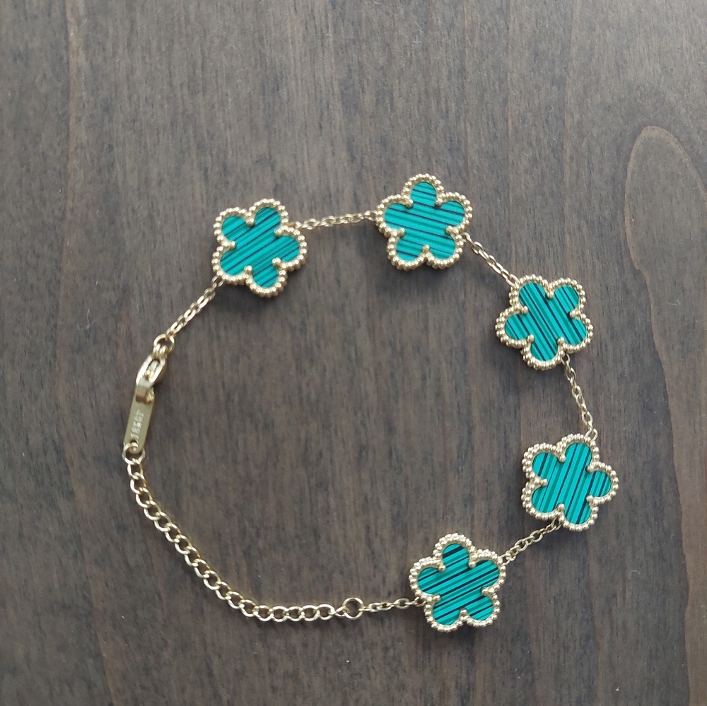 Waterproof Green/Gold 5 Petal Clover Flower Bracelet Double Side Mother of Pearl